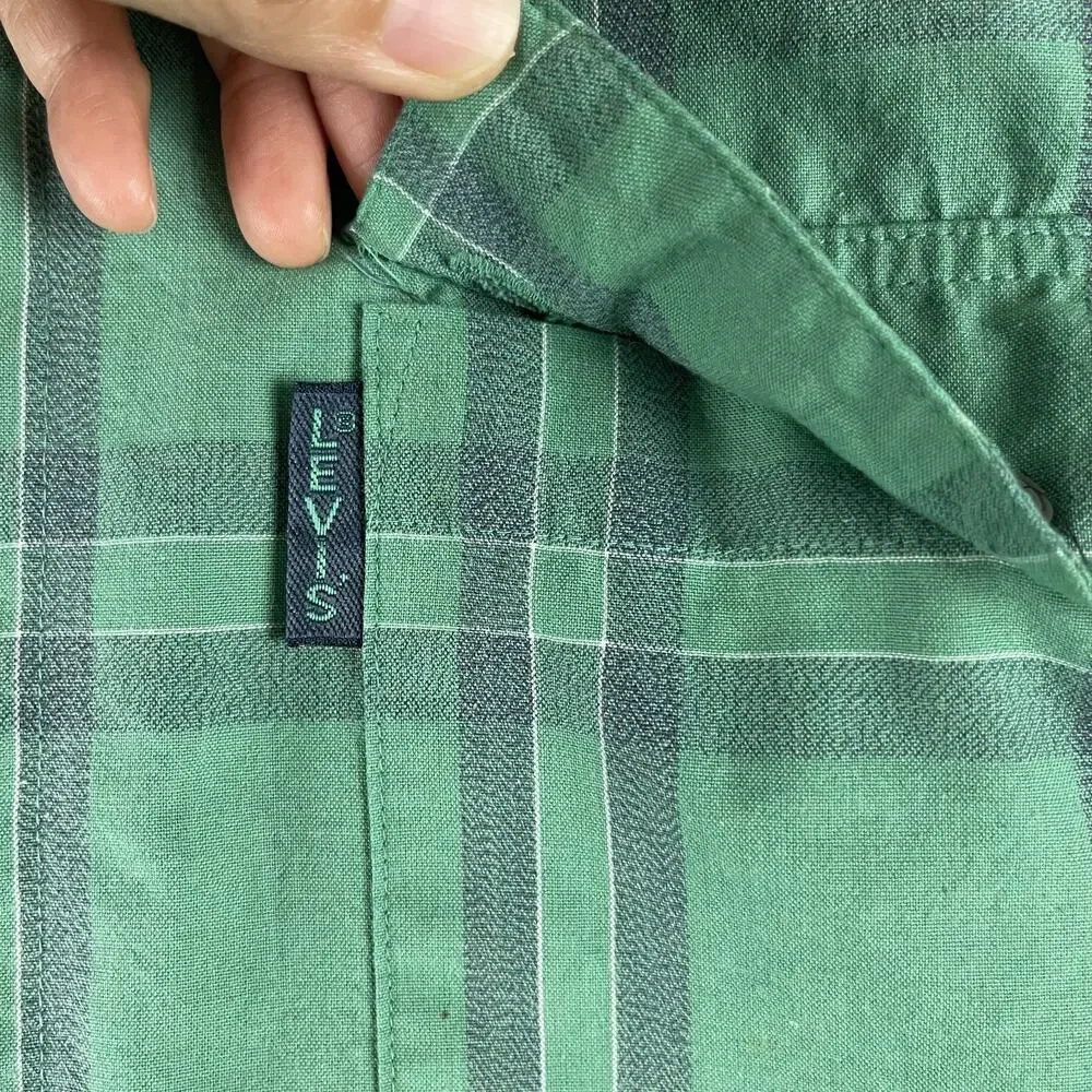 Vintage‎ Levis Silver Label Shirt Mens Medium Green Plaid Long Sleeve Pockets